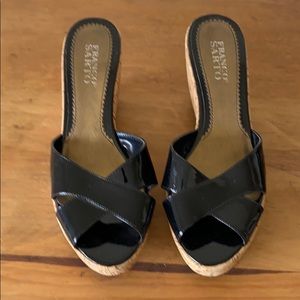 Black patent, cork wedge heel.
